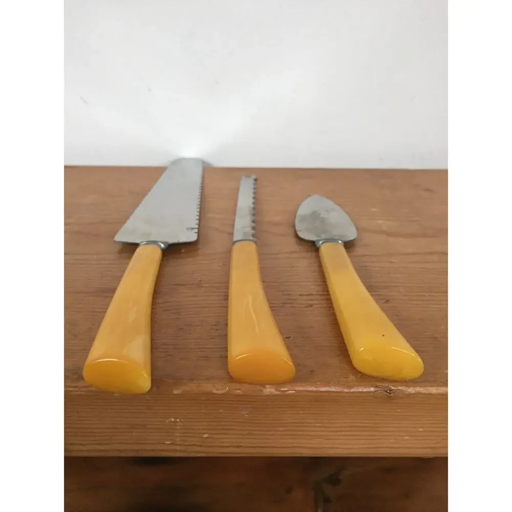 Set of 3 Vintage Butterscotch Bakelite Flatware Utensils Pie Slicer Tomato Knife